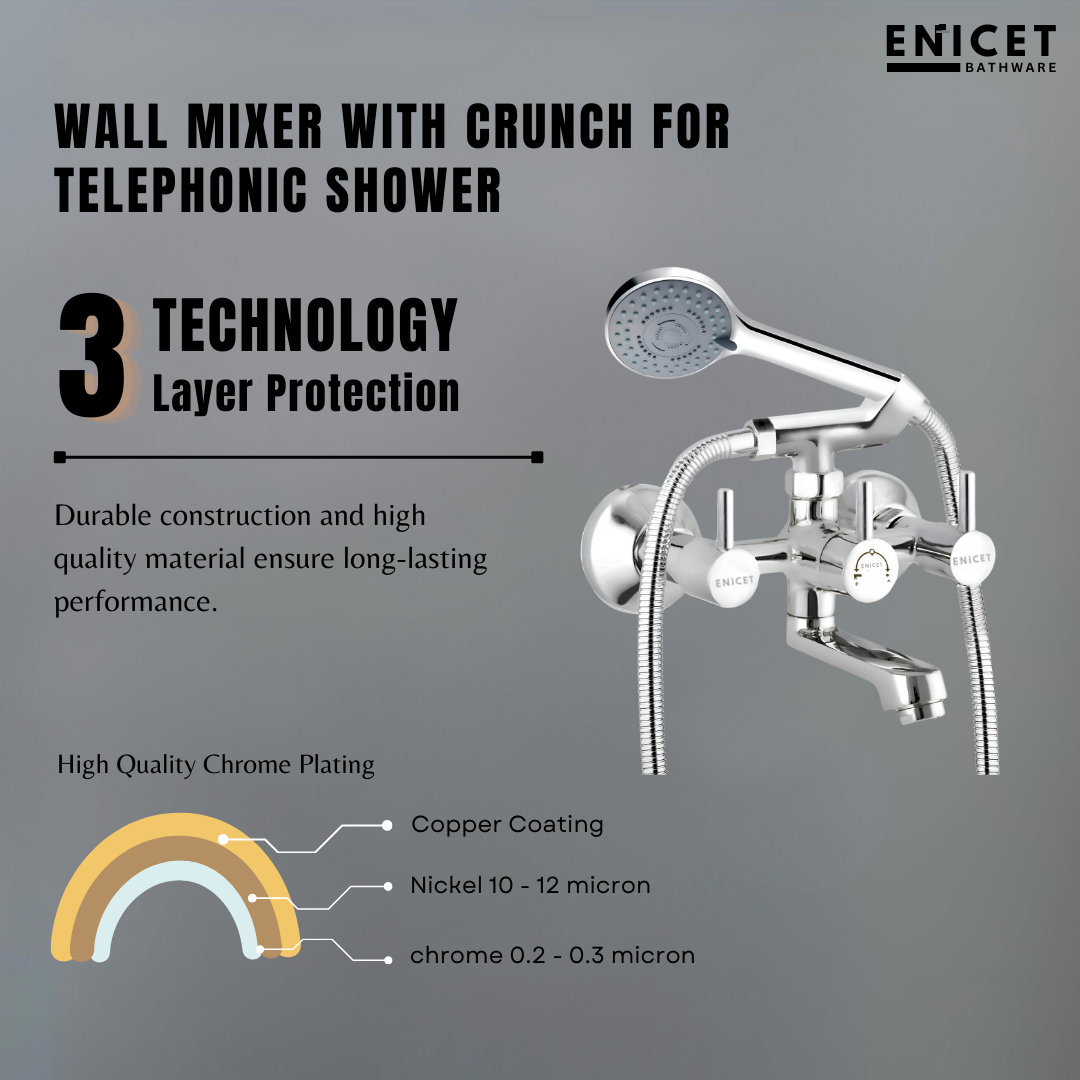 Enicet Brass Wall Mixer With Hand Shower, Chrome Finish, 5 Function Hand Shower with Crutch, 1.5 Meter Tube, Wall Mixer with Telephonic Shower, Bathroom Shower Set