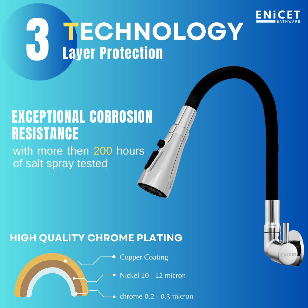 Enicet Flexible Neck Sink Tap for Kitchen, Wall Mount Side Sink Tap, Chrome Finish, 3 Flow Function, 360 Swinging Swivel Spout, rust-resistant, Kitchen Sink Tap,