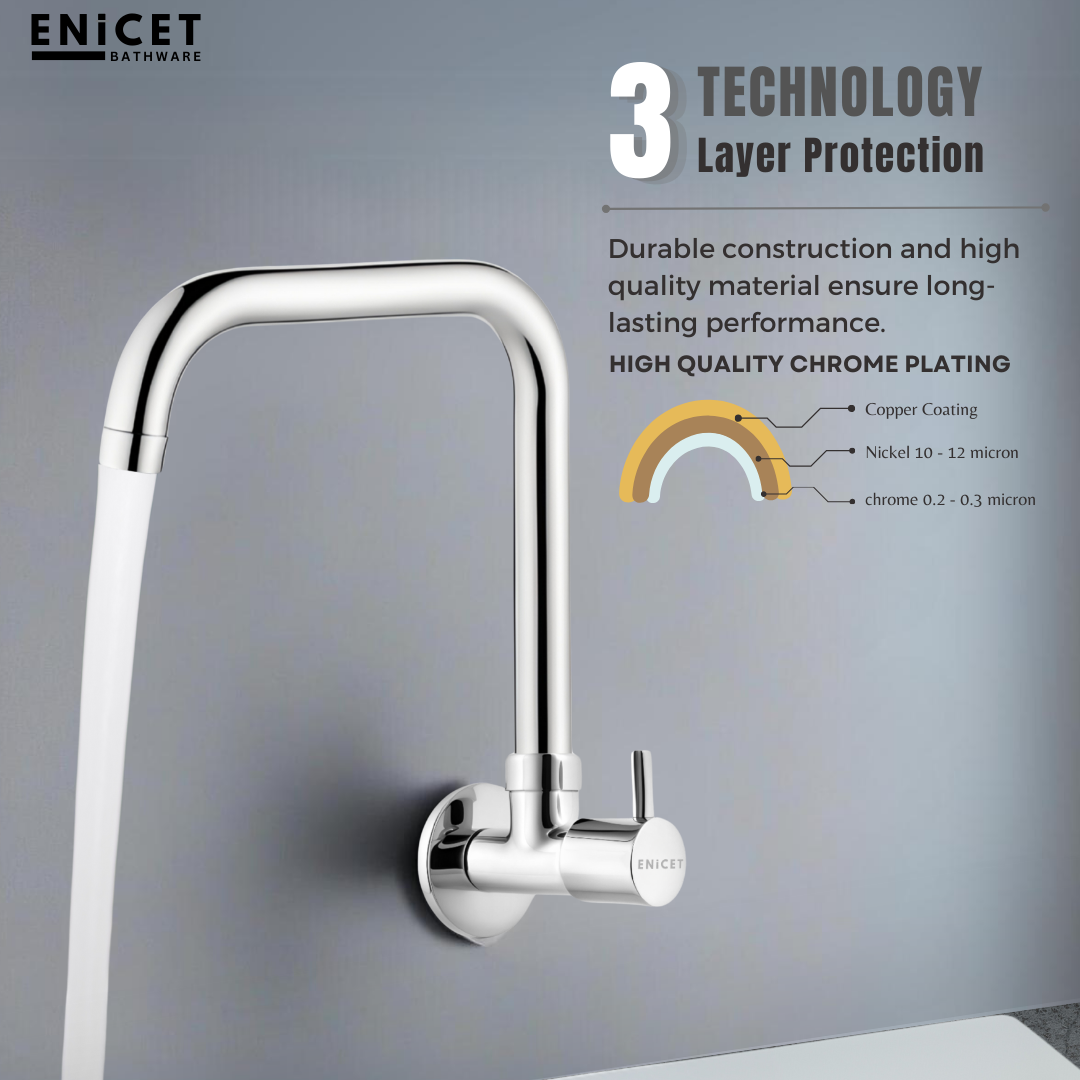 ENICET Sink Cock with Extended Spout, Chrome Finish, Silver, with Wall Flange, 360° Rotating Swivel Spout, Kitchen Sink Tap, Tap for Kitchen Sink, Wall Mount