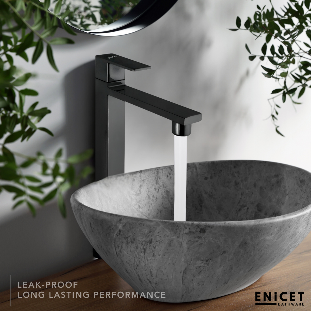 ENICET Brass Single Lever Basin Mixer, Long Body, Chrome Finish, Hot and Cold Water Mixer Tap, 7 Years Warranty, Bathroom Wash Basin Tap, Pillar Cock (Tycoon Black Set)