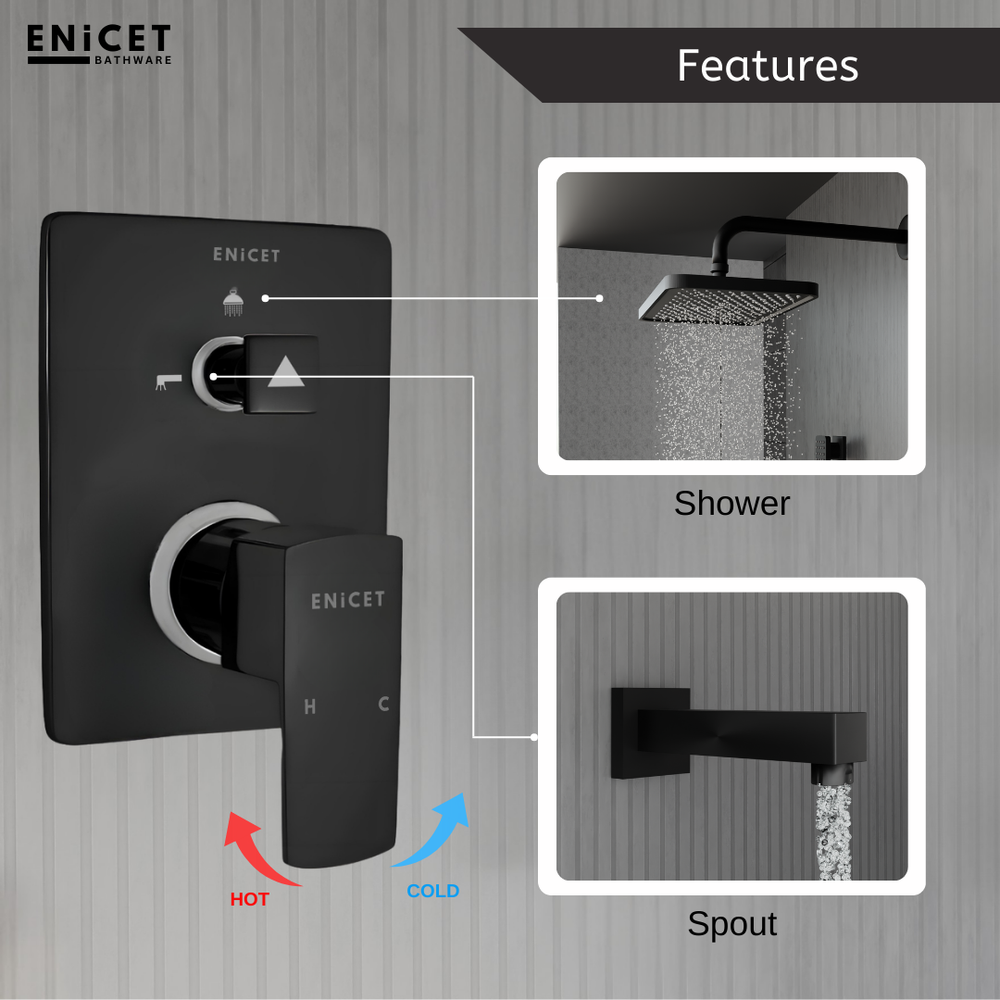 Brass High Flow Shower Diverter - ENICET 12 Inch Matte Black Set - Enicet Bathware