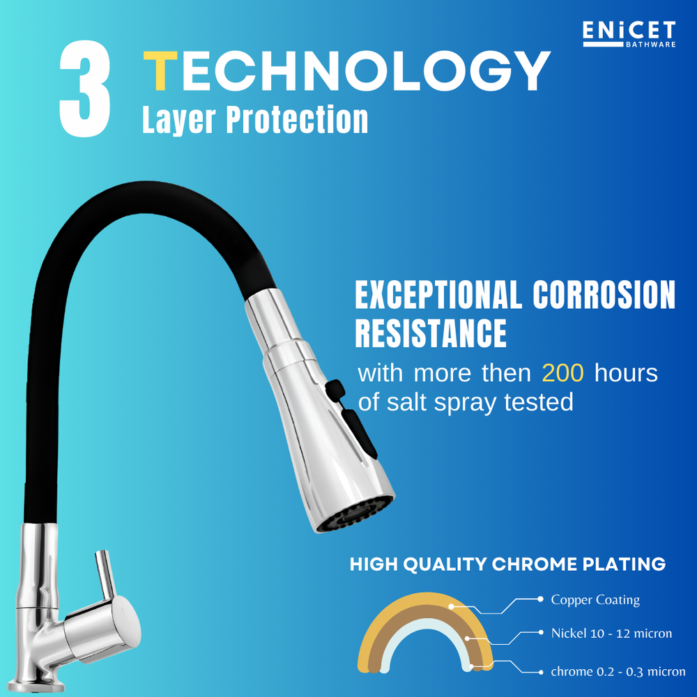 Enicet Flexible Swan Neck Pillar Tap for Kitchen, 3 Flow Function, 360 Swinging Swivel Spout, Brass Build,Chrome Finish, Kitchen Sink Tap, Flexible Neck, Deck Mount - Enicet Bathware