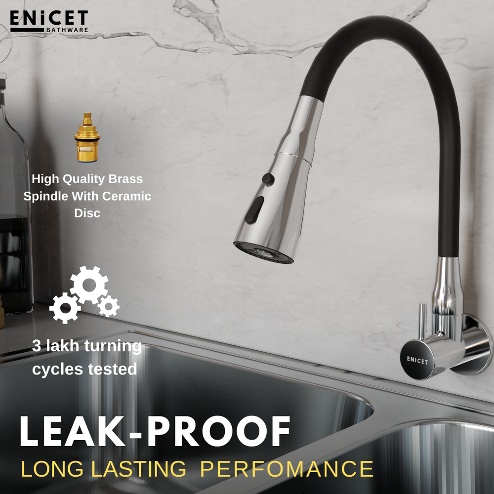 Enicet Flexible Neck Sink Tap for Kitchen, Wall Mount, Chrome Finish, 3 Flow Function, 360 Swinging Swivel Spout, Brass Build, Kitchen Sink Tap - Enicet Bathware