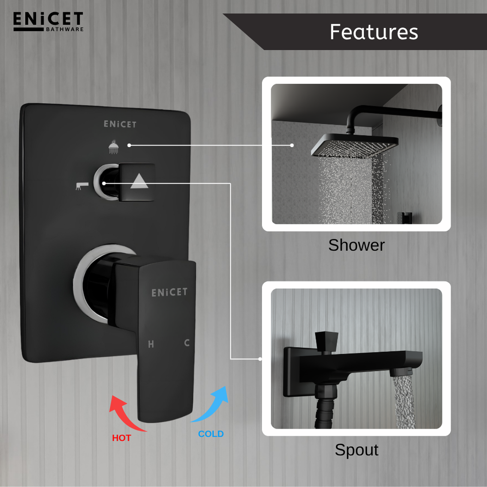 ENICET Matte Black Concealed Shower Set with 7X11 Overhead & Hand Shower | Brass Bathroom Fittings - Enicet Bathware