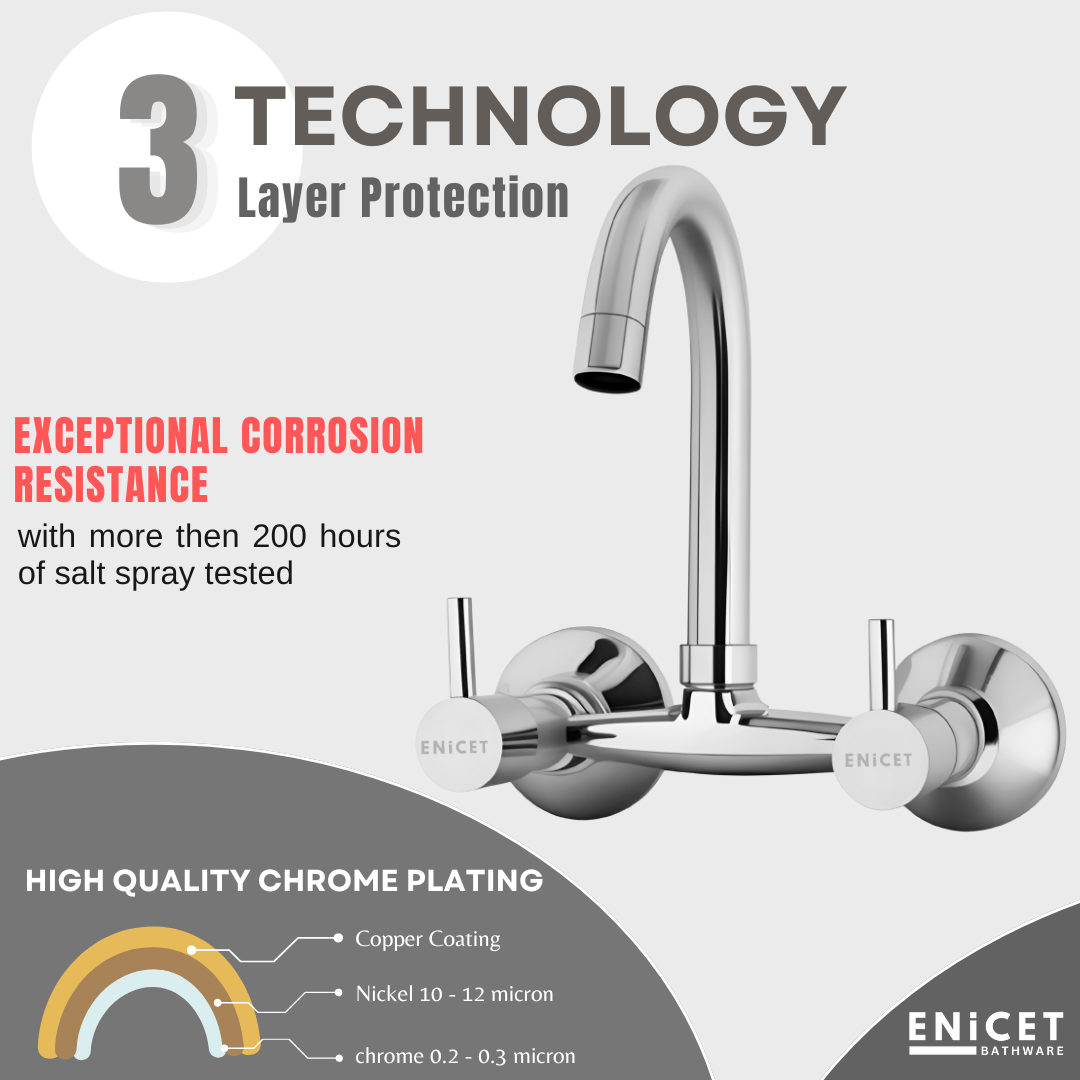 Enicet  rust-resistant Sink Mixer Tap, Chrome Plated, with 360 Degree Swinging Spout, Kitchen Sink Mixer Tap, Hot and Cold Water Mixing, Wall Mount