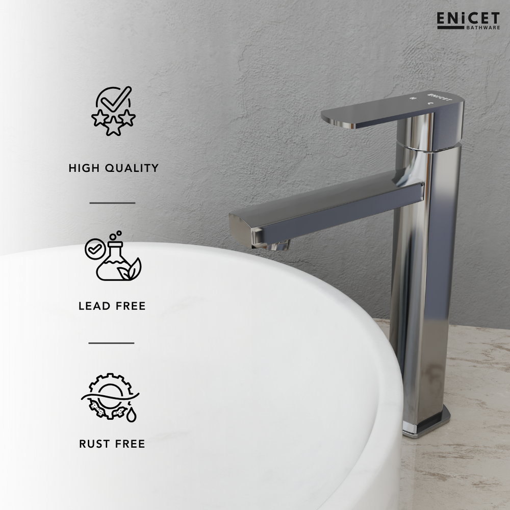 ENICET rust-resistant Single Lever Basin Mixer, 12 Inch Long Body, Chrome Finish, Hot and Cold Water Mixer Tap, 7 Years Warranty, Bathroom Wash Basin Tap - Enicet Bathware
