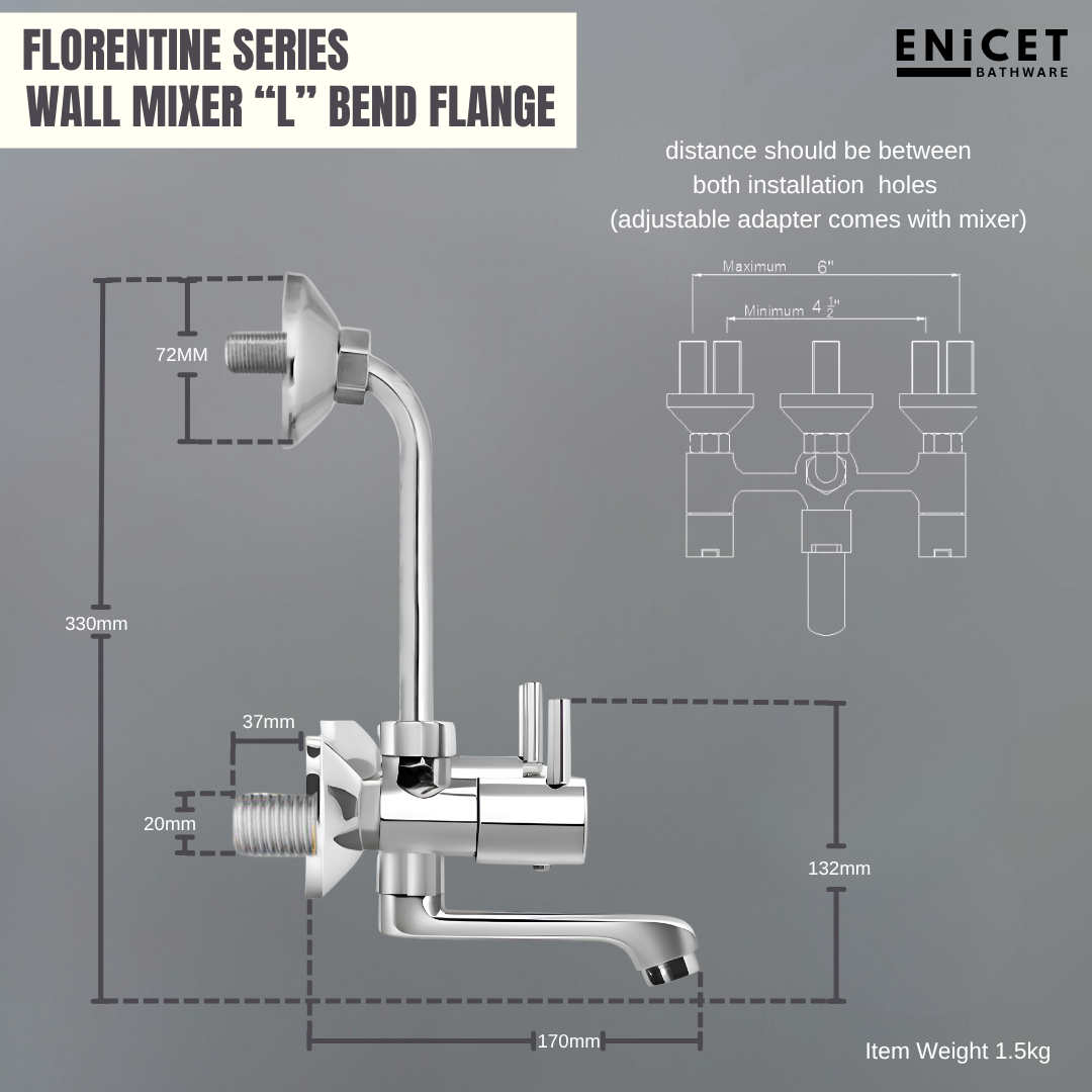 ENICET Brass Wall Mixer with 190mm Long Bend Pipe, Chrome Finish, Provision for Overhead Shower, Wall Mixer for Bathroom, Water Mixer Tap for Bathroom Full Set