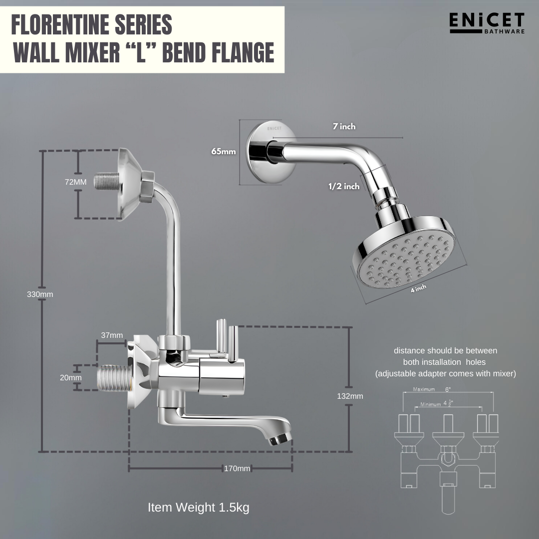 ENICET Brass Wall Mixer With Overhead Shower, 190mm Long Bend Pipe, Chrome Finish, Shower Set, Wall Mixer for Bathroom, Water Mixer Tap for Bathroom Full Set