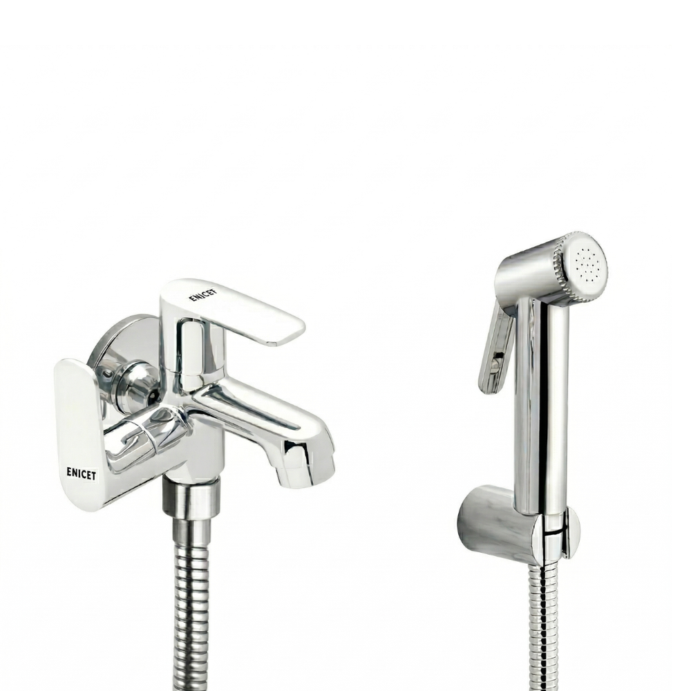 ENICET 2 in 1 Bib Cock with Health Faucet,Brass , 1 Meter Hose & Stand, Two Way Tap for Bathroom with Health Faucet Jet Spray - Enicet Bathware