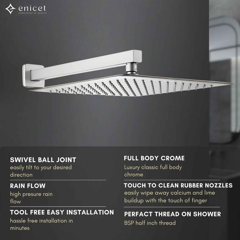 ENICET 12 Inch Rainfall Shower Head - Stainless Steel 304 Ultra Slim Square Shower with Arm & Flange, Easy to Clean Soft Rubber Nozzles