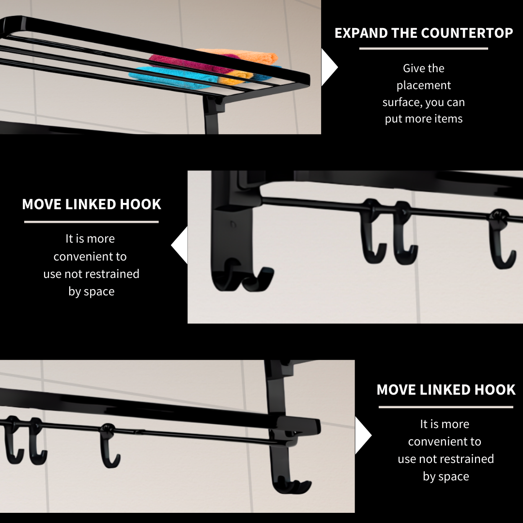 ENICET Stainless Steel Towel Rack for Bathroom, Matte Black, 24 Inch, SS-304, Folding Towel Holder Set, Bathroom Accessories Set,  Bathroom Towel Hanger Stand for Clothes, Towel Rod Bar