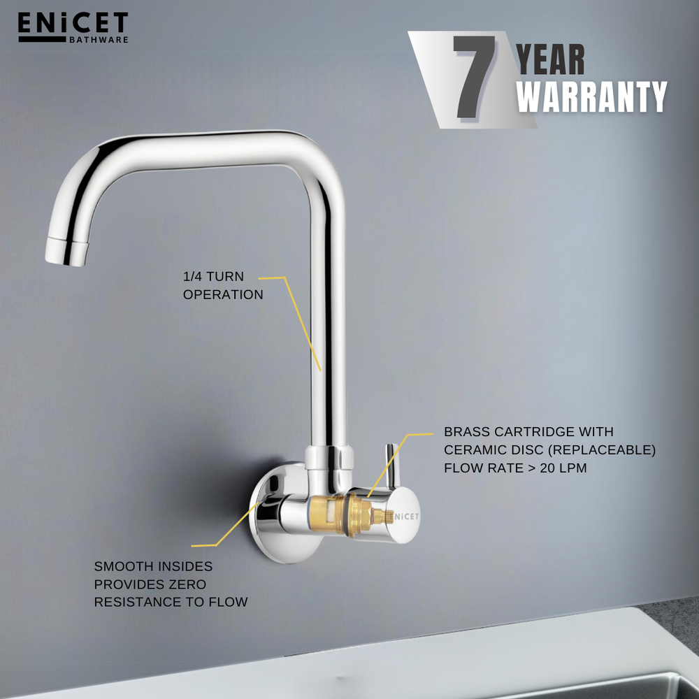 ENICET  Kitchen Sink Cock with Extended Spout, Chrome Finish, Silver, with Wall Flange, 360° Rotating Swivel Spout, Kitchen Sink Tap, Tap for Kitchen Sink, Wall Mount - Enicet Bathware