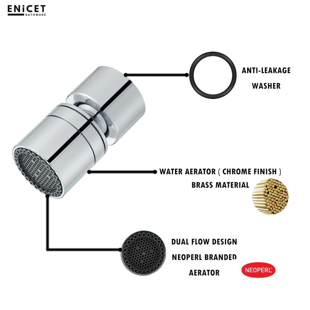 ENICET Tap Extension for Kitchen Sink, Dual Flow, Stainless Steel, 360 Degree Rotating, Smooth Foam Flow, Compatible for Male & Female Threads, Kitchen Tap Aerator Attachment (AEA10501)