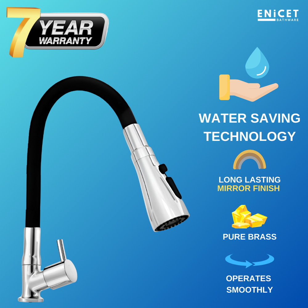 Enicet Flexible Swan Neck Pillar Tap for Kitchen, 3 Flow Function, 360 Swinging Swivel Spout, Brass Build,Chrome Finish, Kitchen Sink Tap, Flexible Neck, Deck Mount - Enicet Bathware