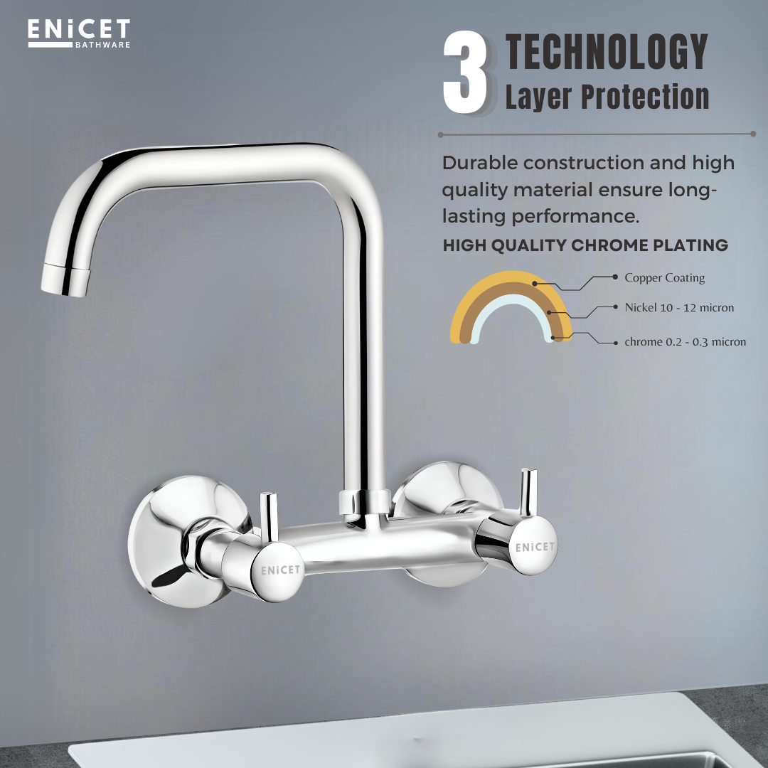 ENICET Sink Mixer with Extended Spout, Chrome Finish, 360 Degree Swinging Swivel Spout, Kitchen Sink Tap Hot and Cold Water Mixer