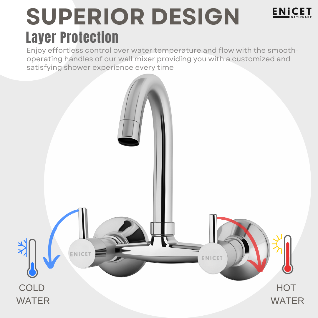 Enicet  rust-resistant Sink Mixer Tap, Chrome Plated, with 360 Degree Swinging Spout, Kitchen Sink Mixer Tap, Hot and Cold Water Mixing, Wall Mount