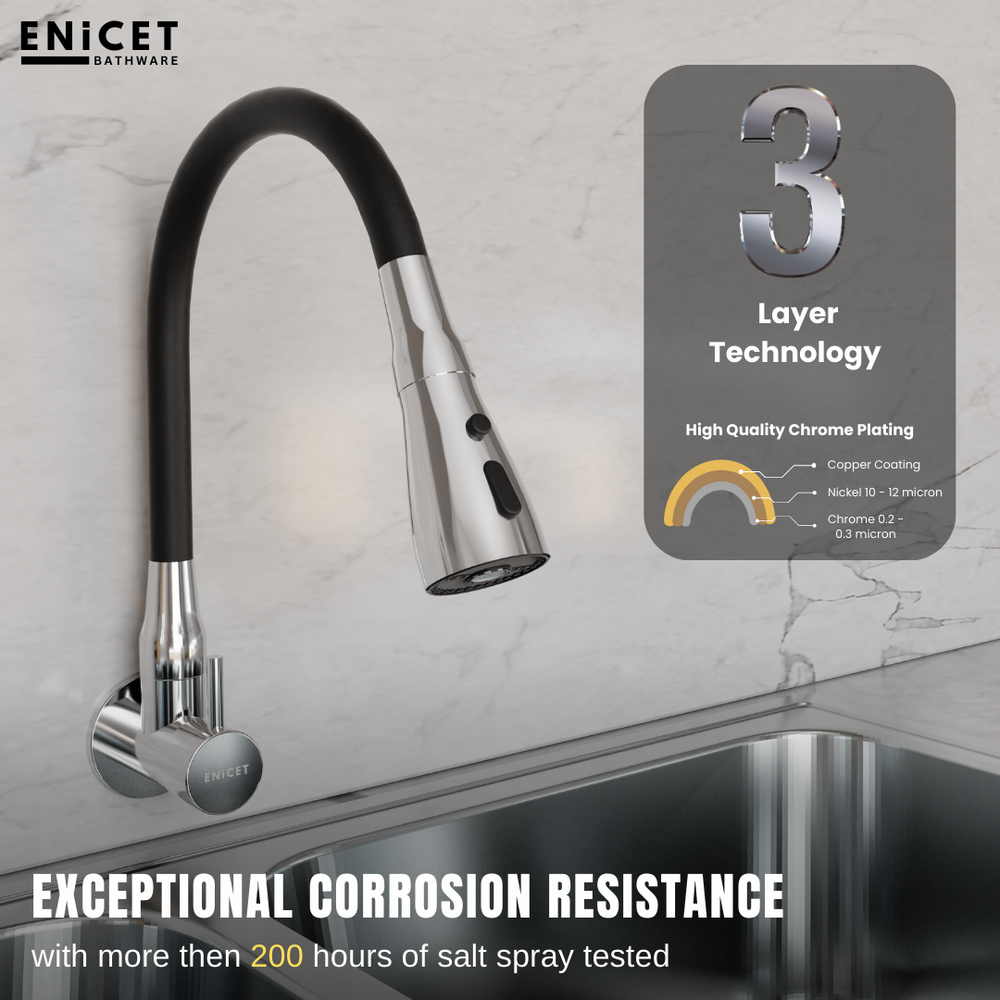 Enicet Flexible Neck Sink Tap for Kitchen, Wall Mount, Chrome Finish, 3 Flow Function, 360 Swinging Swivel Spout, Brass Build, Kitchen Sink Tap - Enicet Bathware