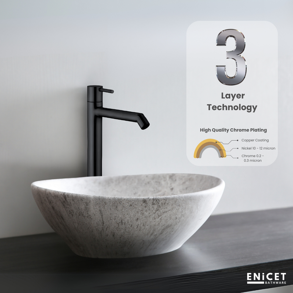 Black High Neck Pillar Tap - ENICET 12-Inch Matte Black Basin Faucet - Enicet Bathware