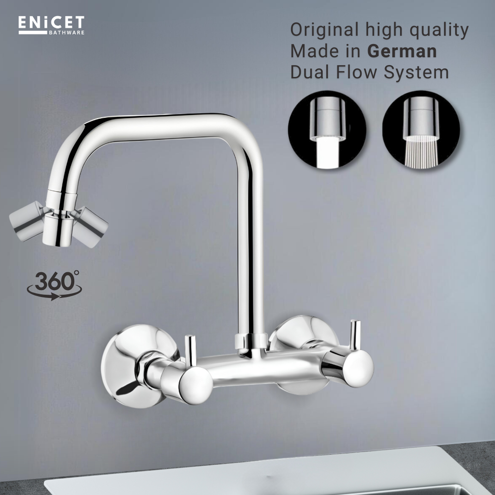 ENICET Sink Mixer with 2 Flow Function, Extended Spout, Chrome Finish, 360 Degree Swinging Swivel Spout, Adjustable Angle Head, Kitchen Sink Mixer Tap - Enicet Bathware