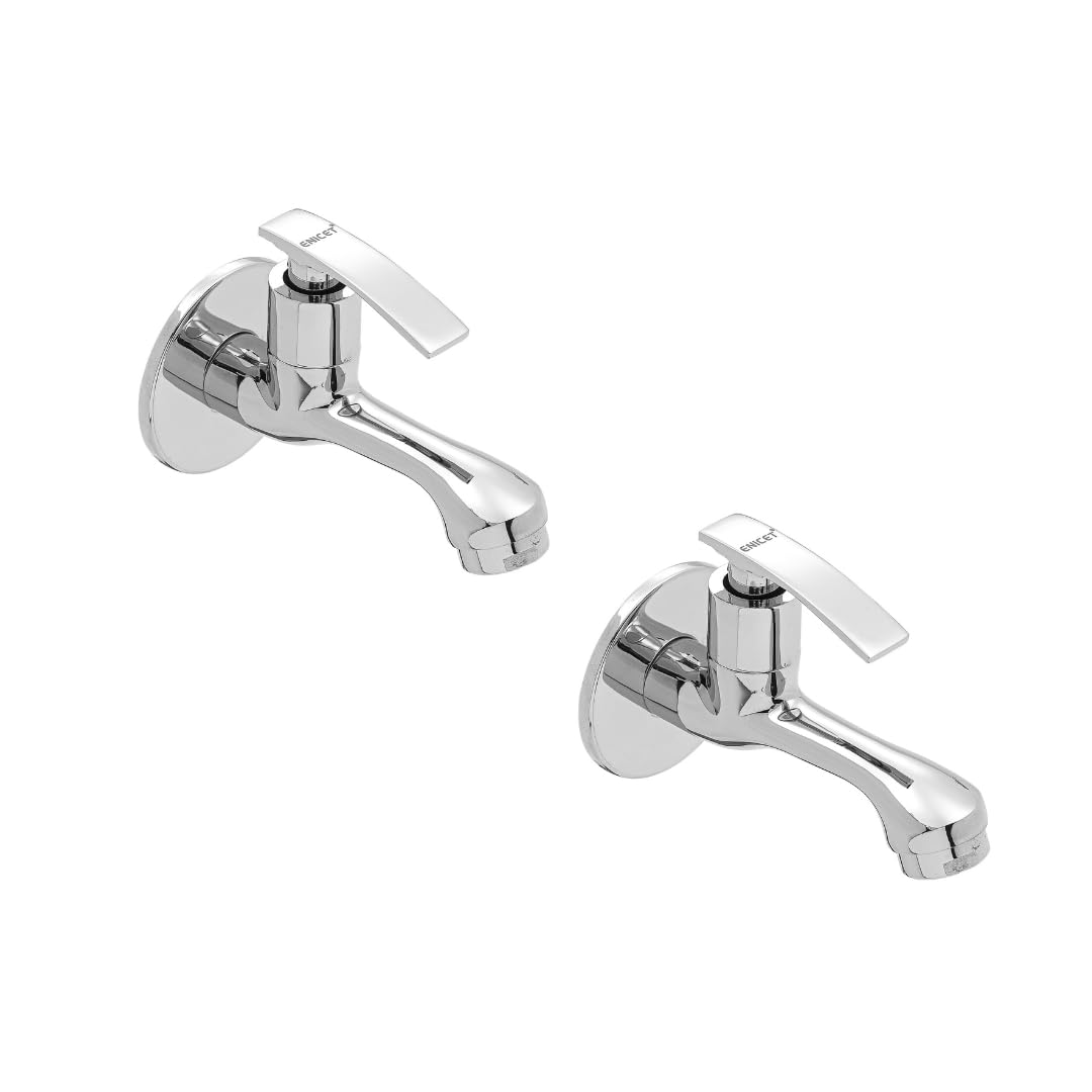 ENICET Brass Tap for Bathroom, Pack of 2, With Wall Flange, Long Body Bib Cock, Chrome Finish, 7 Years Warranty, Foam Flow, Bathroom Taps for Home, Water Tap Wall Mounted