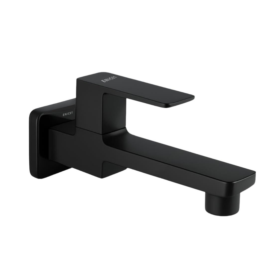 ENICET Black Wall Mounted Bathroom Tap, Brass Bib Cock with Extra Long Body, Modern Lever Handle, 7 Years Warranty