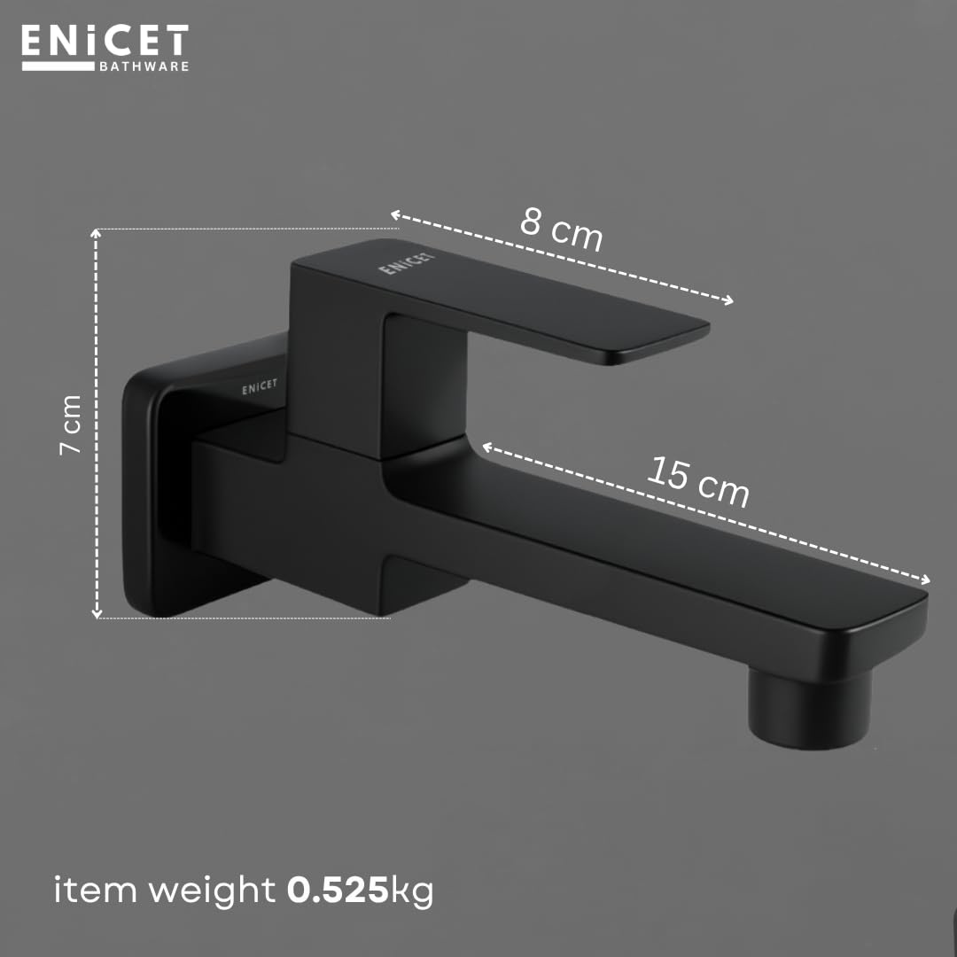 ENICET Black Wall Mounted Bathroom Tap, Brass Bib Cock with Extra Long Body, Modern Lever Handle, 7 Years Warranty