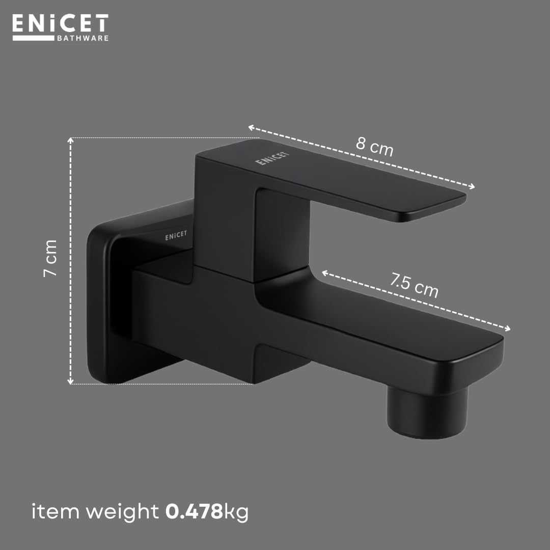 ENICET Brass Tap for Bathroom, with Wall Flange,Brass Bib Cock Short Body, Made Black, 7 Years Warranty, Foam Flow, Bathroom Taps for Home, Water Tap Wall Mounted