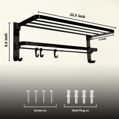ENICET Stainless Steel Towel Rack for Bathroom, Matte Black, 24 Inch, SS-304, Folding Towel Holder Set, Bathroom Accessories Set,  Bathroom Towel Hanger Stand for Clothes, Towel Rod Bar