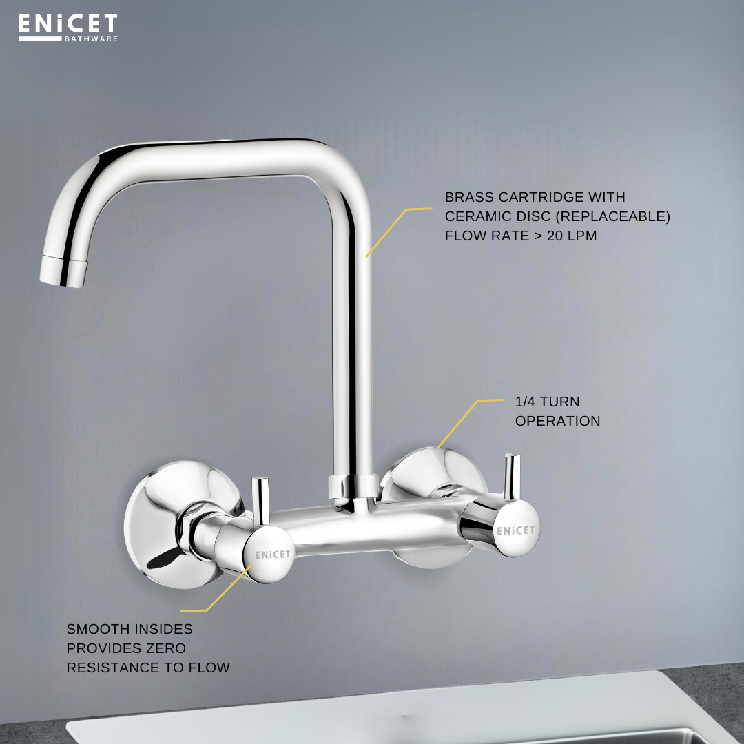 ENICET Sink Mixer with Extended Spout, Chrome Finish, 360 Degree Swinging Swivel Spout, Kitchen Sink Tap Hot and Cold Water Mixer