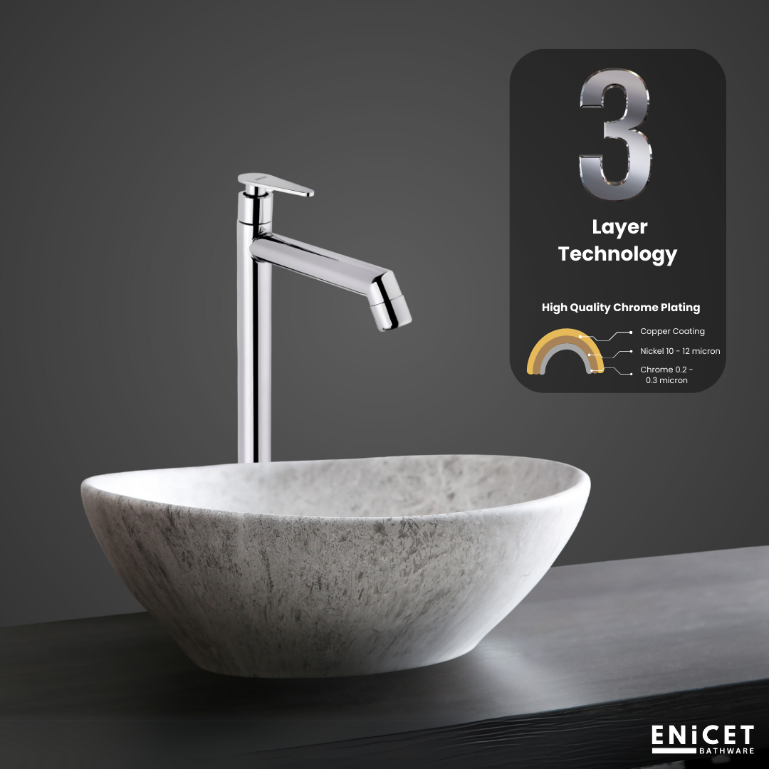 Enicet 12 Inch High Neck Pillar Tap, SS 304, Chrome Finish, 7 Years Warranty, Bathroom Table Top Wash Basin Tap for Home, 12 Inch Tall Extended Body Pillar Cock, Smooth Foam Flow (Brim Set)