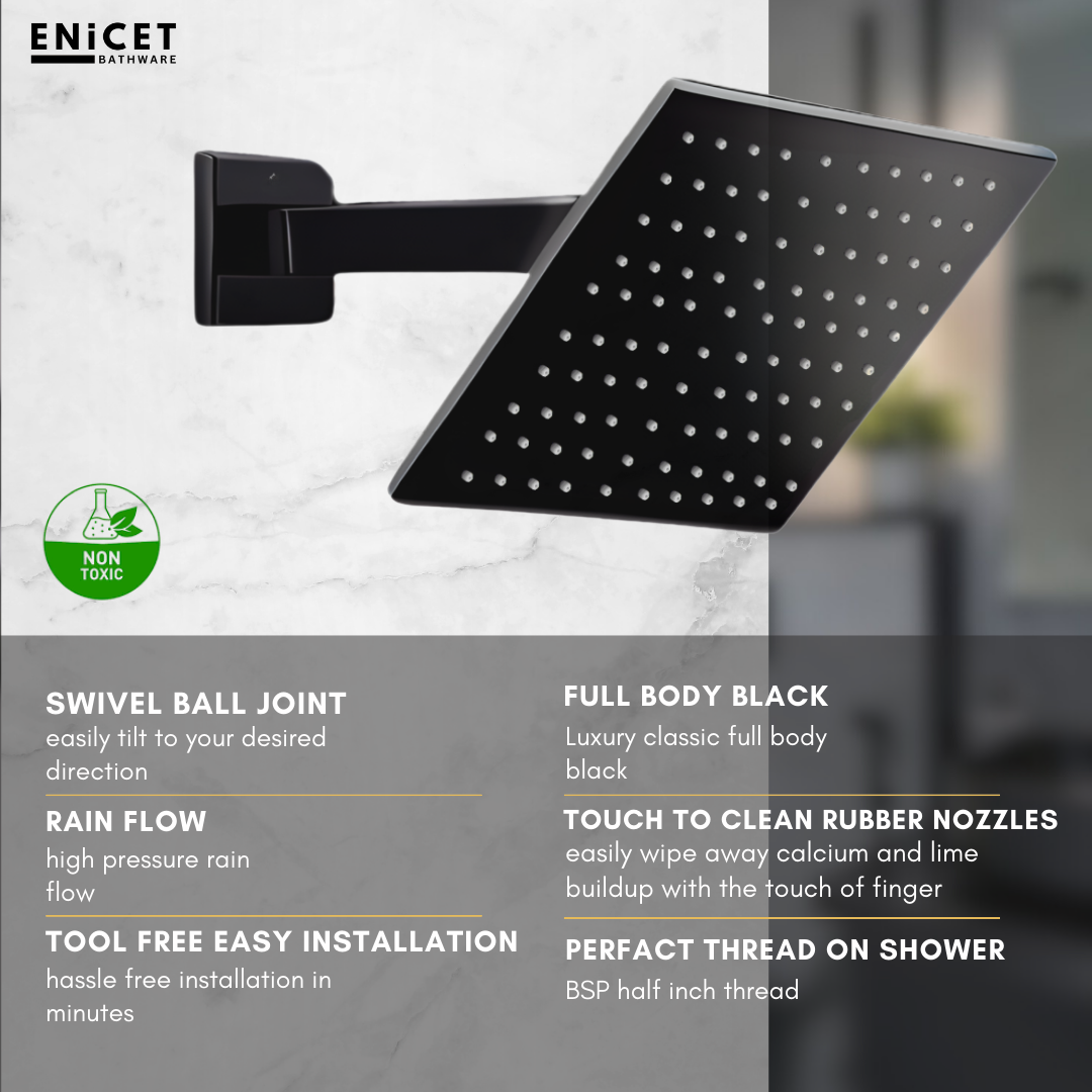 QUBICS Wall Mixer 2 in 1 with Bend | Black Shower Mixer Tap Set for Bathroom | Overhead Shower Use