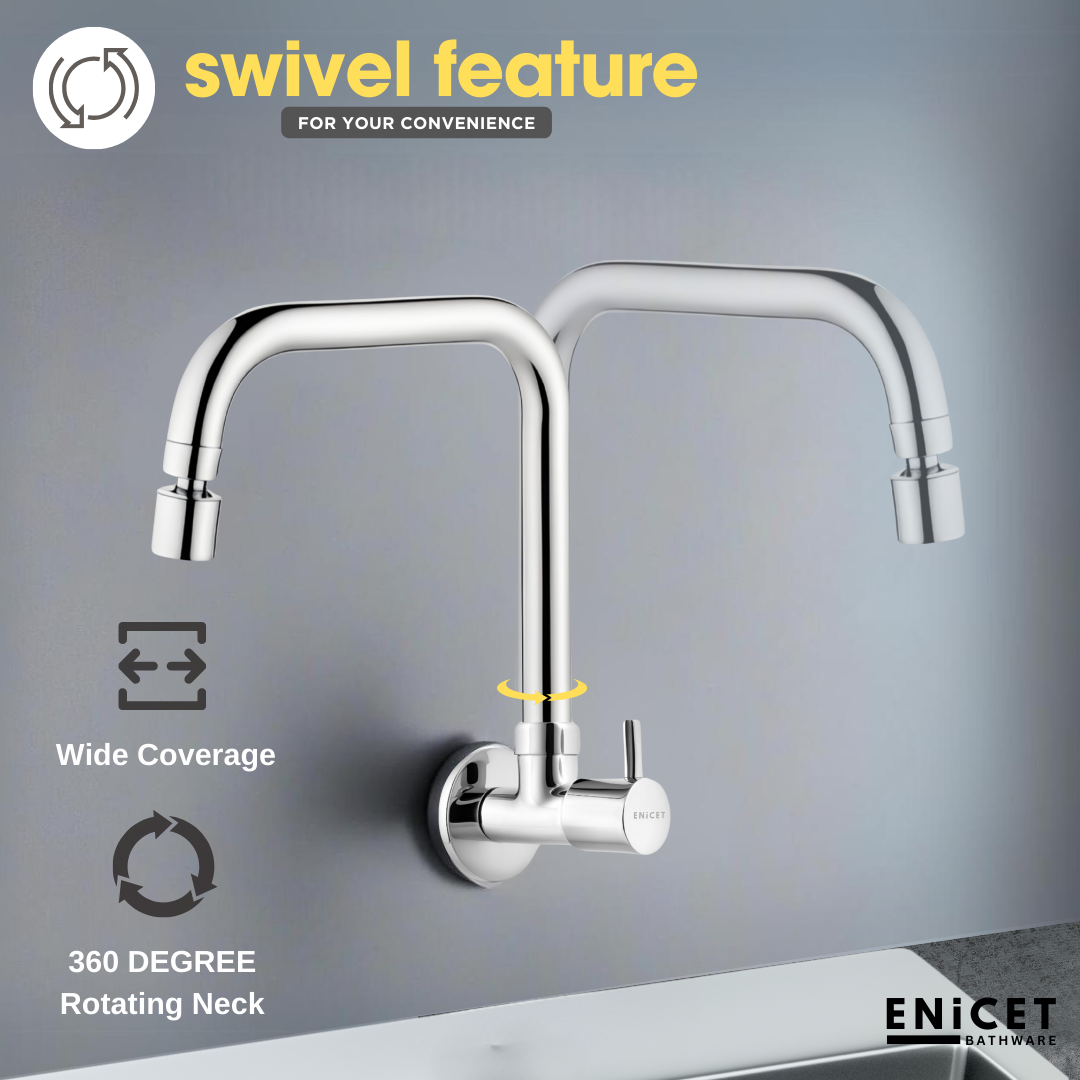 ENICET Sink Cock with 2 Flow Function, Chrome Finish, Silver, with Wall Flange, 360° Rotating Swivel Spout, Adjustable Angle Head, Kitchen Sink Tap, Tap for Kitchen Sink, Dual Flow