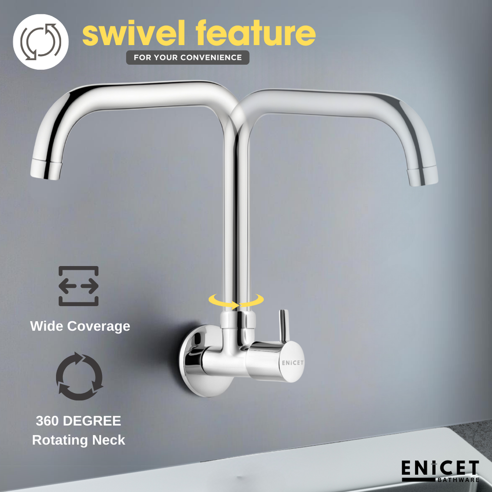 ENICET  Kitchen Sink Cock with Extended Spout, Chrome Finish, Silver, with Wall Flange, 360° Rotating Swivel Spout, Kitchen Sink Tap, Tap for Kitchen Sink, Wall Mount - Enicet Bathware