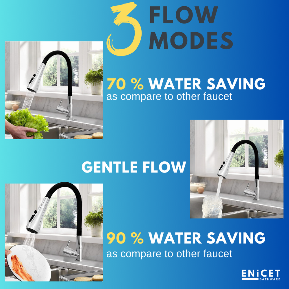 Enicet Flexible Swan Neck Pillar Tap for Kitchen, 3 Flow Function, 360 Swinging Swivel Spout, Brass Build,Chrome Finish, Kitchen Sink Tap, Flexible Neck, Deck Mount - Enicet Bathware