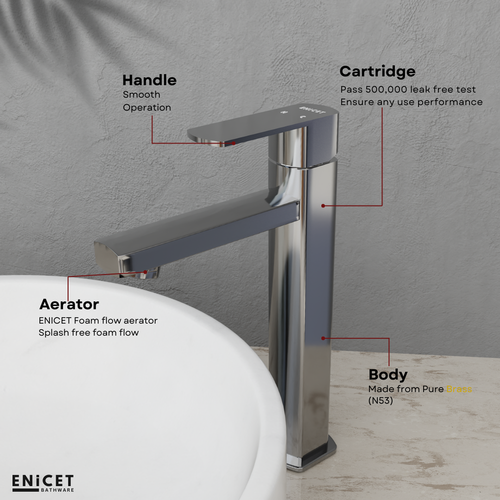 ENICET rust-resistant Single Lever Basin Mixer, 12 Inch Long Body, Chrome Finish, Hot and Cold Water Mixer Tap, 7 Years Warranty, Bathroom Wash Basin Tap - Enicet Bathware