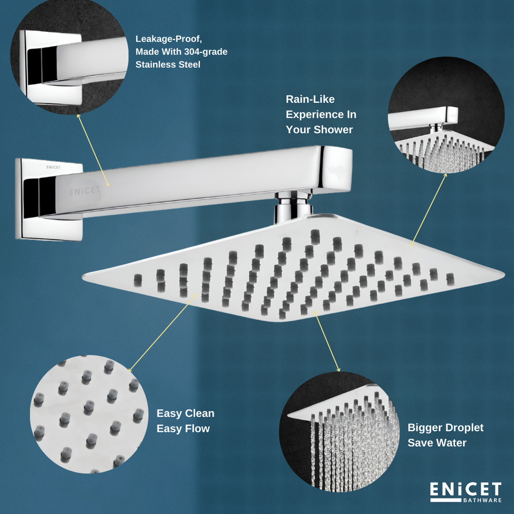 Enicet 6 Inch Rainfall Shower Head with Arm - Ultra Slim SS304 - Enicet Bathware