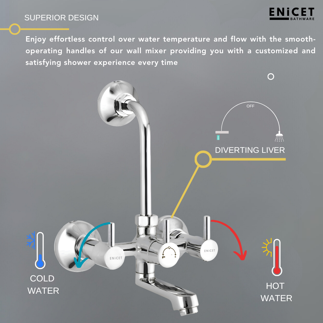 ENICET Brass Wall Mixer with 190mm Long Bend Pipe, Chrome Finish, Provision for Overhead Shower, Wall Mixer for Bathroom, Water Mixer Tap for Bathroom Full Set