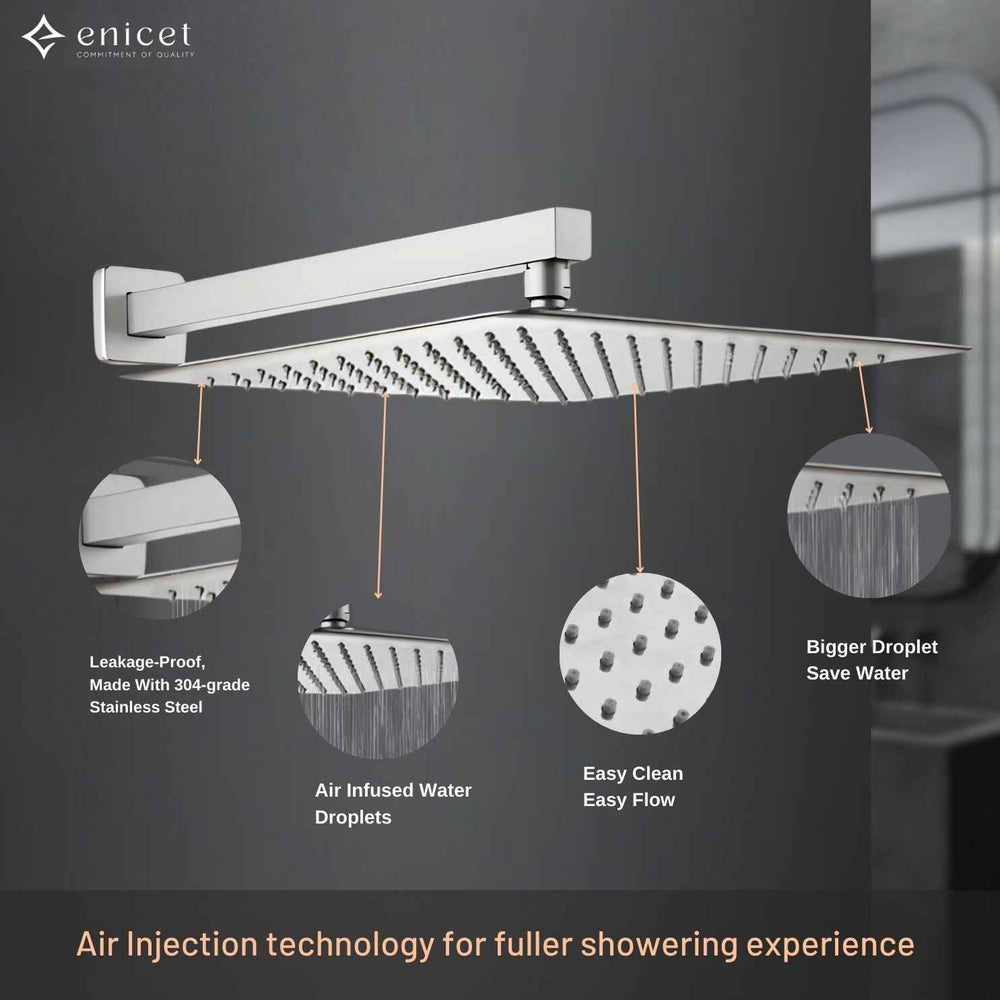 ENICET 12 Inch Rainfall Shower Head - Stainless Steel 304 Ultra Slim Square Shower with Arm & Flange, Easy to Clean Soft Rubber Nozzles