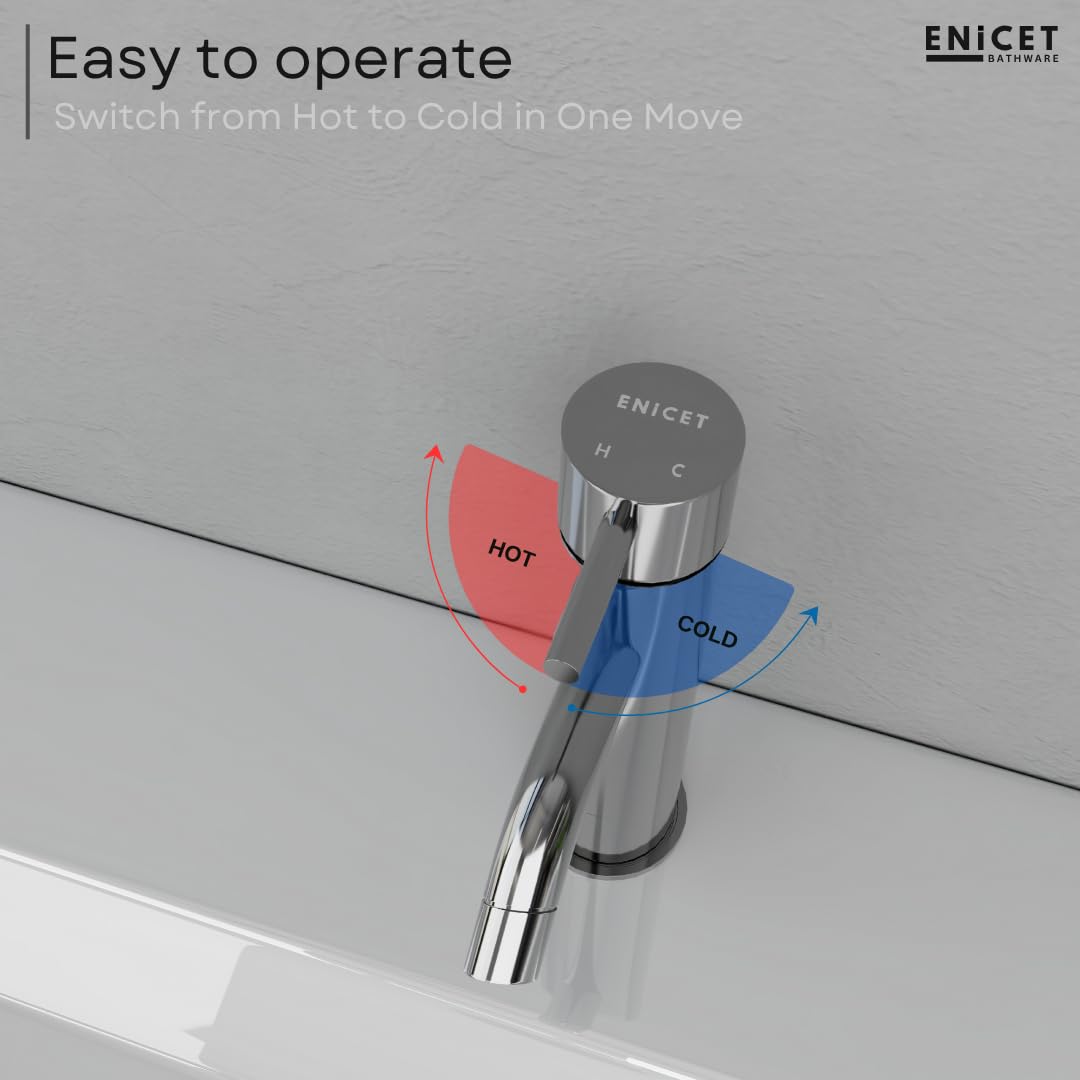 ENICET Brass Single Lever Basin Mixer with Connection Pipe, Chrome Finish, Hot and Cold Water Mixer Tap, 7 Years Warranty, Bathroom Wash Basin Mixer Tap, Pillar Cock (FE140)