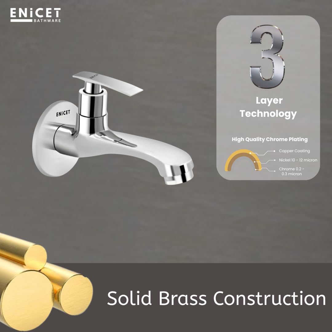 ENICET Brass Tap for Bathroom, Pack of 2, With Wall Flange, Long Body Bib Cock, Chrome Finish, 7 Years Warranty, Foam Flow, Bathroom Taps for Home, Water Tap Wall Mounted