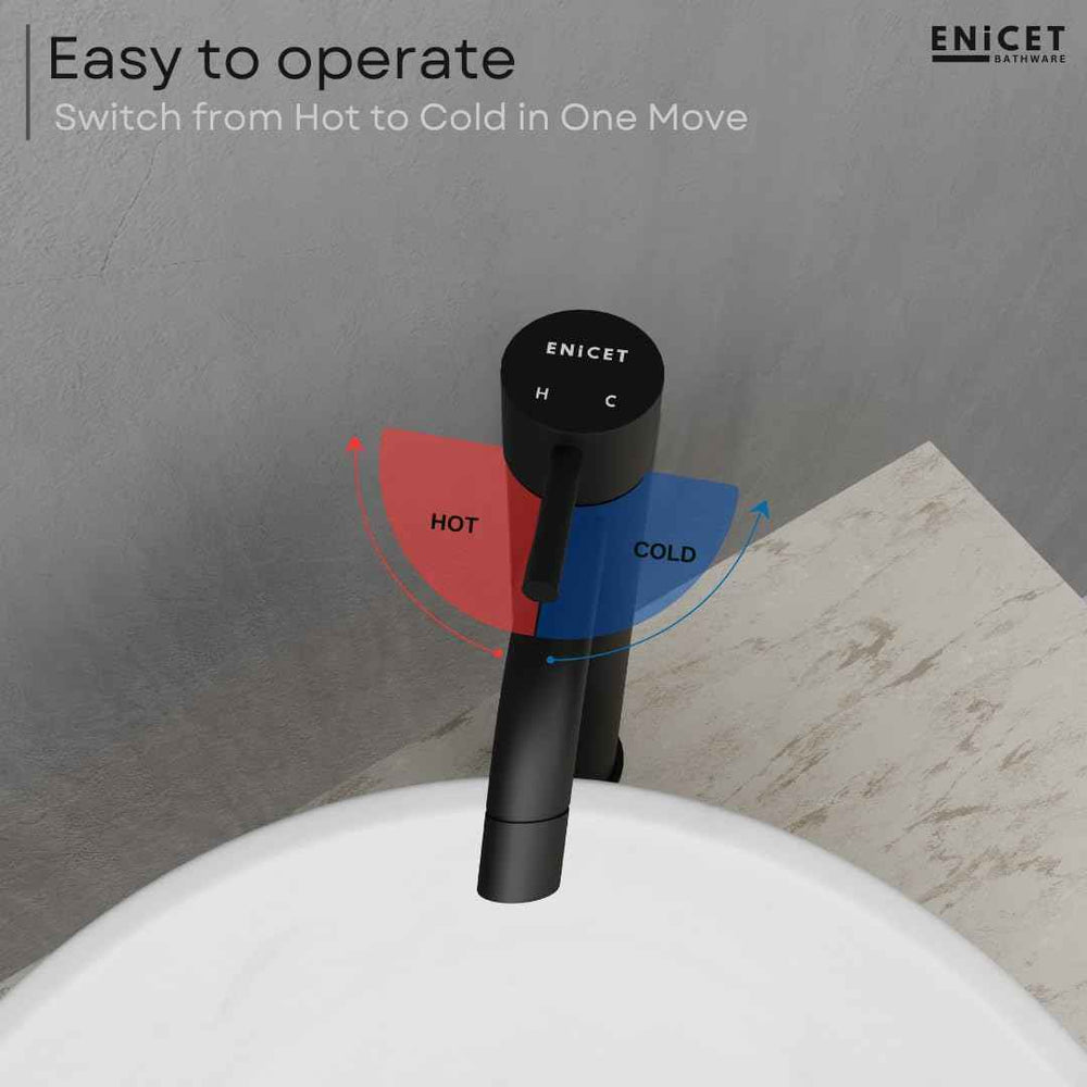 Black Basin Mixer Tap 12 Inch - Single Lever Brass Pillar Cock | Hot Cold Water Mixer