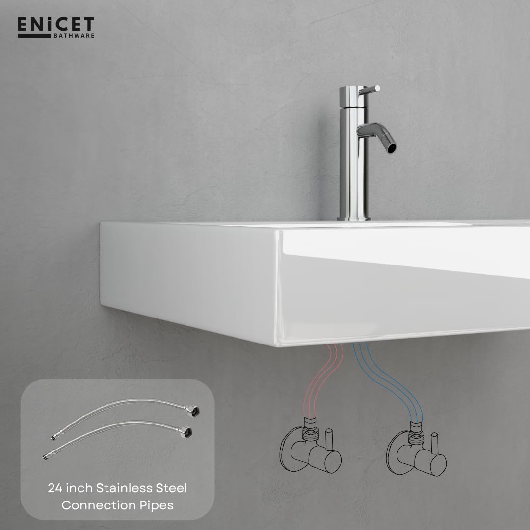 ENICET Brass Single Lever Basin Mixer with Connection Pipe, Chrome Finish, Hot and Cold Water Mixer Tap, 7 Years Warranty, Bathroom Wash Basin Mixer Tap, Pillar Cock (FE140)