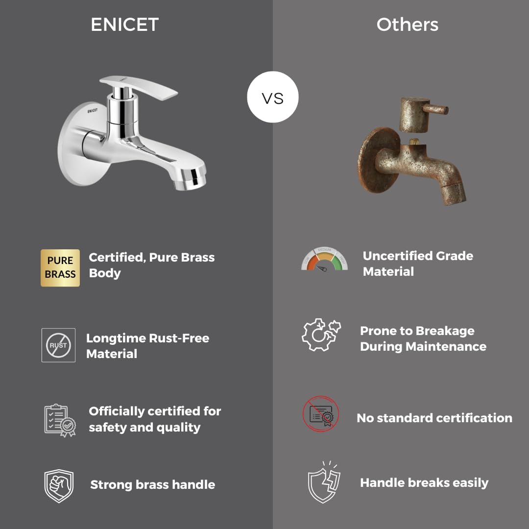 Enicet Brass Bib Cock, Bathroom Tap, with Wall Flange, Chrome Finish, Smooth Operating Handle, Long Lasting Warranty