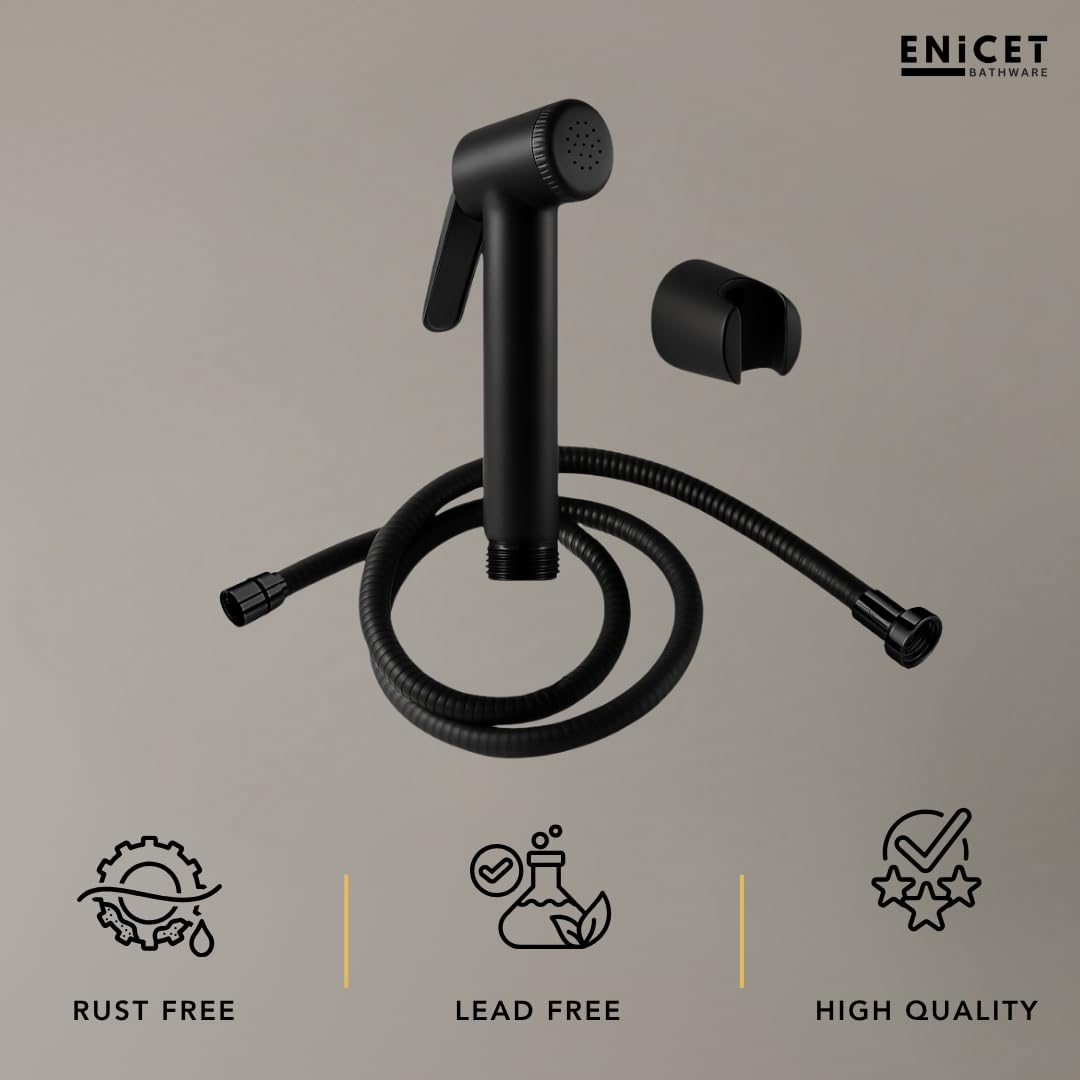 Enicet Health Faucet Gun with 1 Meter Stainless Steel Tube and Holder, Jet Spray for Toilet with Hose and Holder, Hand Jet Bidet Spray for Bathroom, Made Black(AEA180 BLACK)