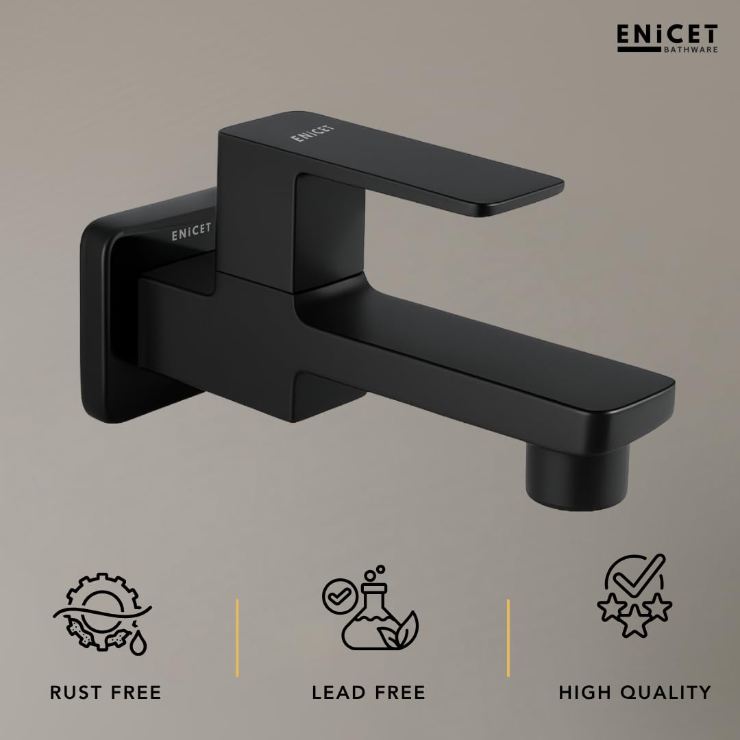 ENICET Brass Tap for Bathroom, with Wall Flange,Brass Bib Cock Long Body, Made Black, 7 Years Warranty, Foam Flow, Bathroom Taps for Home, Water Tap Wall Mounted