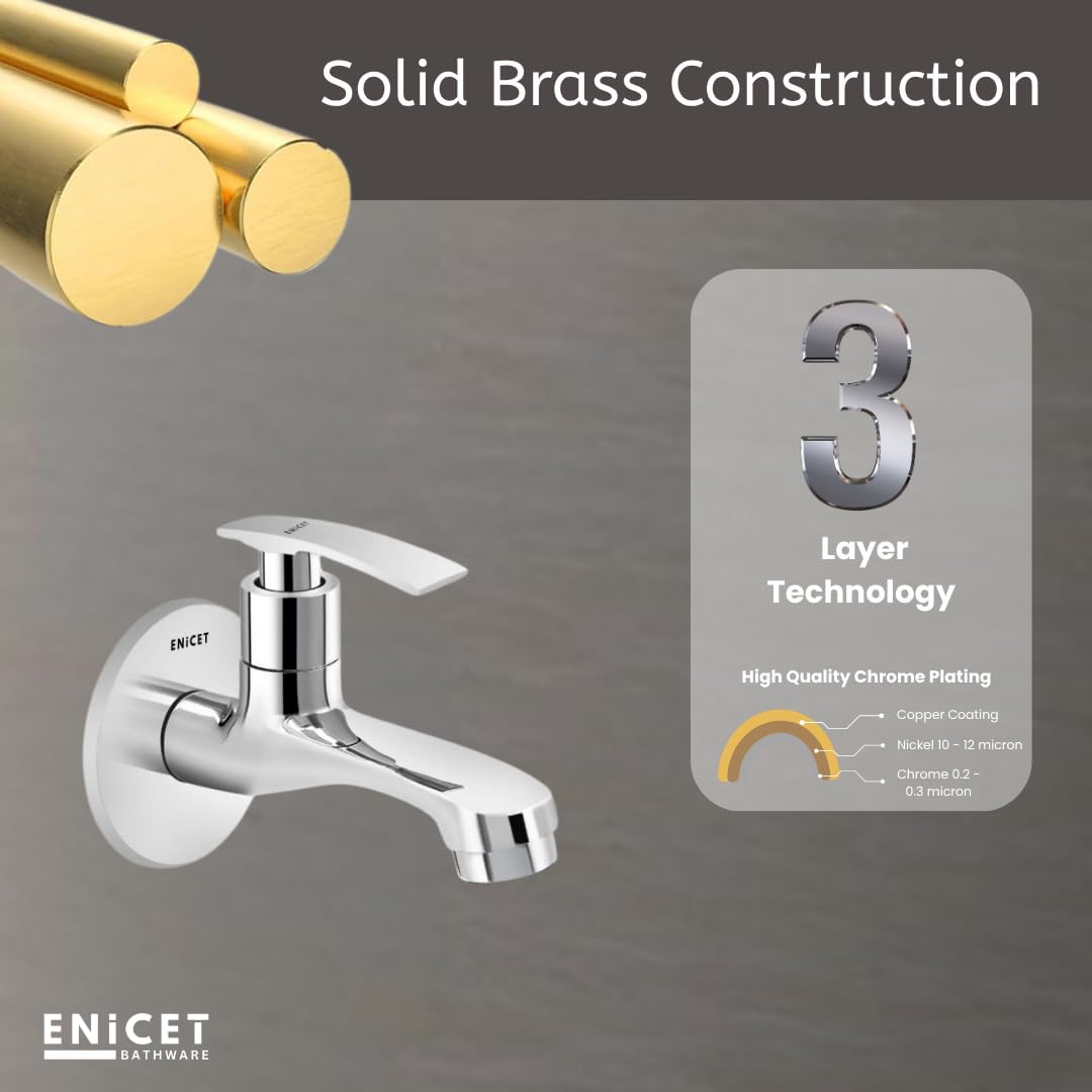 Enicet Brass Bib Cock, Bathroom Tap, with Wall Flange, Chrome Finish, Smooth Operating Handle, Long Lasting Warranty