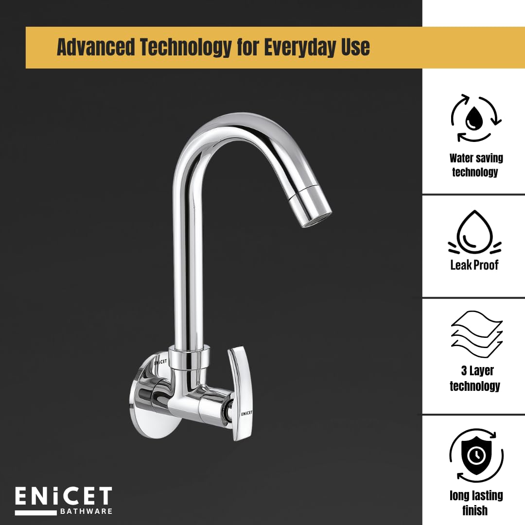 ENICET Sink Cock with Extended Spout, Chrome Finish, Silver, with Wall Flange, 360 Swivel Spout, Adjustable Angle Head, Kitchen Sink Tap, Tap for Kitchen Sink