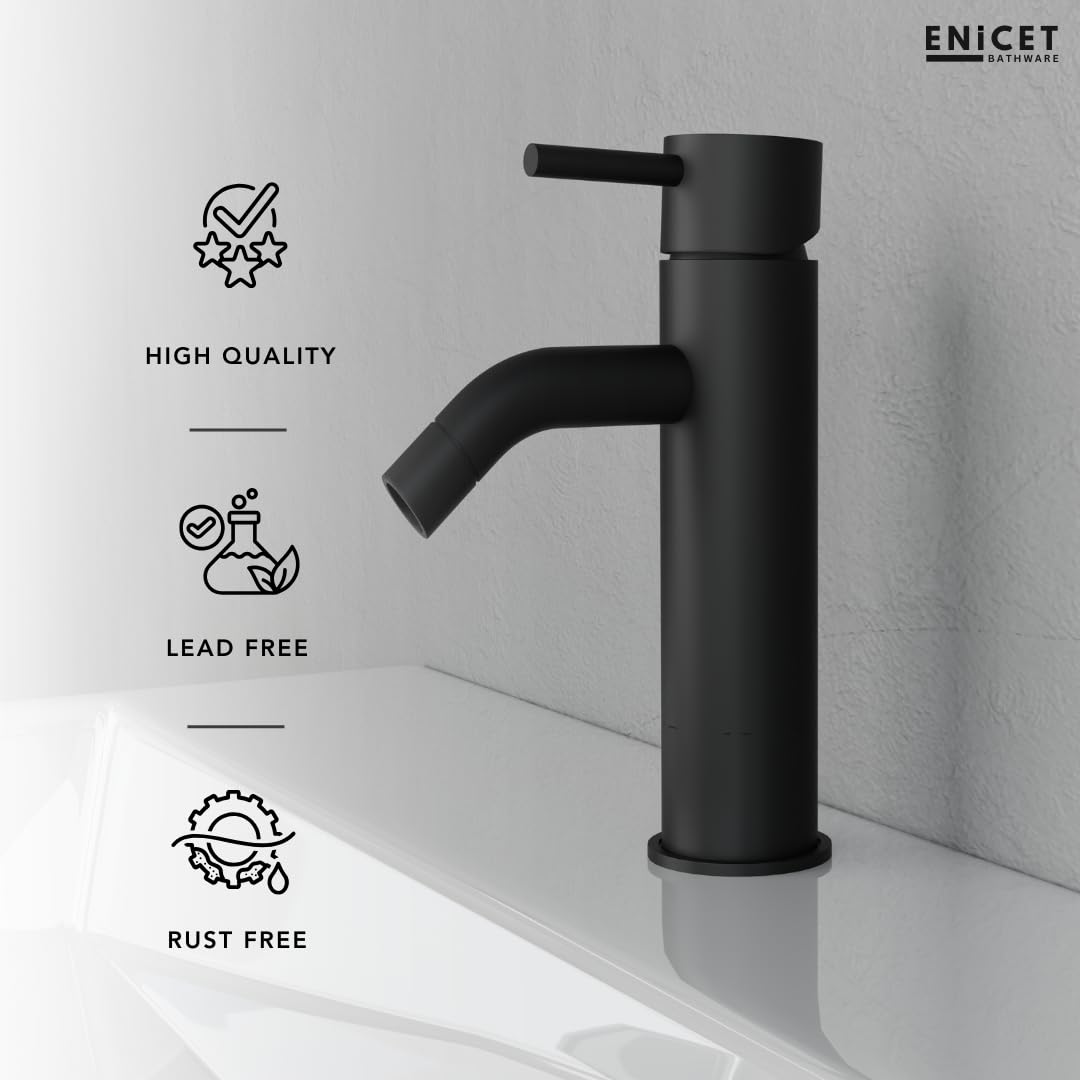 ENICET Brass Single Lever Basin Mixer with Connection Pipe, Made Black Finish, Hot and Cold Water Mixer Tap, 7 Years Warranty, Bathroom Wash Basin Mixer Tap, Pillar Cock