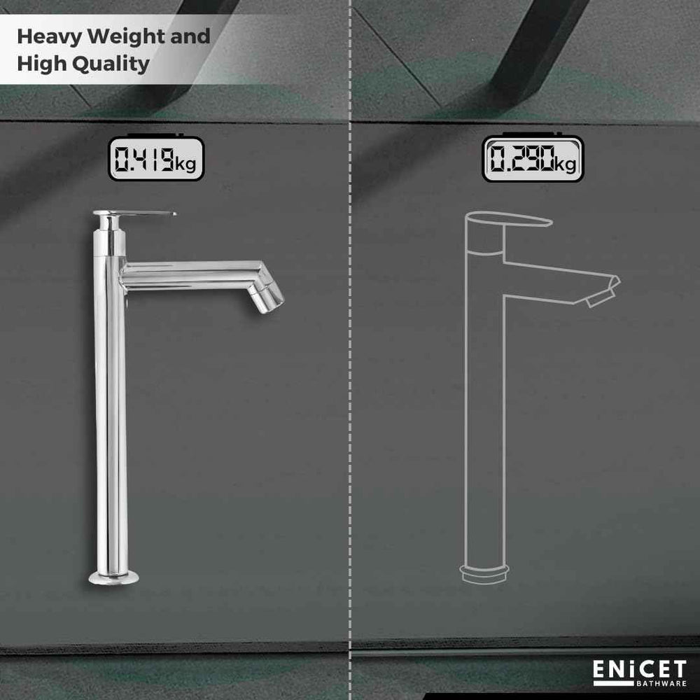 Enicet 12 Inch High Neck Pillar Tap, SS 304, Chrome Finish, 7 Years Warranty, Bathroom Table Top Wash Basin Tap for Home, 12 Inch Tall Extended Body Pillar Cock, Smooth Foam Flow (Brim Silver 02)
