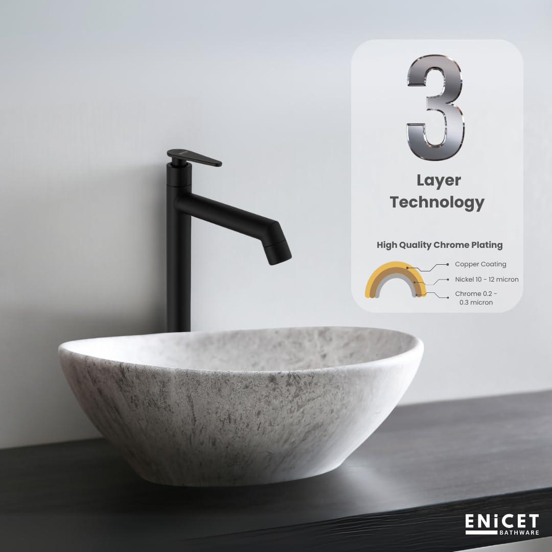 Enicet 12 Inch High Neck Pillar Tap, SS 304, Chrome Finish, 7 Years Warranty, Bathroom Table Top Wash Basin Tap for Home, 12 Inch Tall Extended Body Pillar Cock, Smooth Foam Flow